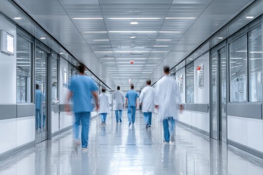 Blurred figures in medical attire walk down a brightly lit, modern hospital corridor