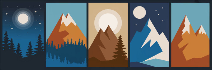Minimalist mountain landscapes featuring stylized peak silhouettes in diverse artistic color palettes for nature inspired wall art. © Kamrun82