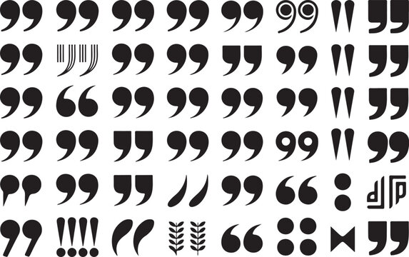 Set of various quotation marks used for typography and editorial layout projects presented on isolated transparent backdrop.