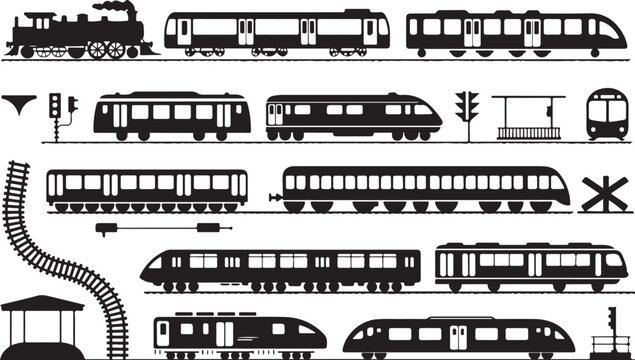 Selection of modern and vintage train carriages locomotives and railway signals isolated on a simple transparent gray background.