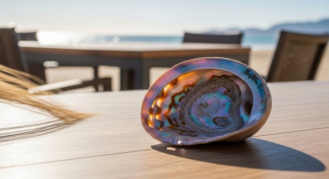 A stunning, perfectly formed abalone seashell with iridescent interior showcased on a wooden surface by the coast