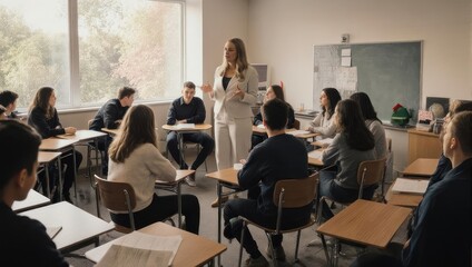 Fototapeta premium Teacher leading a classroom discussion with students attentively listening.