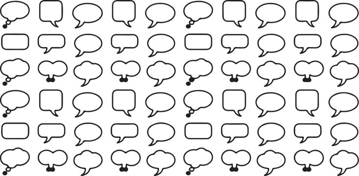 Communication bubble shapes featuring simple outlined frames for dialogue representation in various chat and messaging user interfaces.