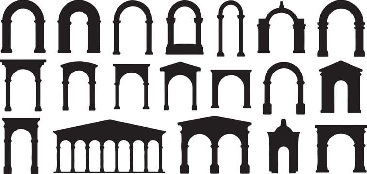 Architectural arch collection showcasing various historical structural styles ranging from roman portals to classical temple facade.