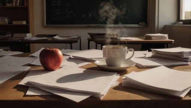 Steaming coffee cup and red apple on a cluttered teacher desk.