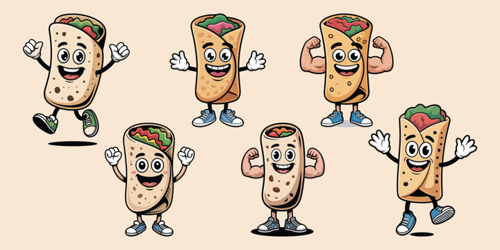 smiling burrito mascot character is standing and jumping in the air with joy