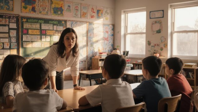 Teacher Engaging with Elementary Students in a Bright Classroom Setting.