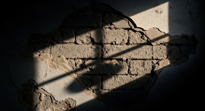 Textured brick wall surface with dramatic sunlight and faint shadow patterns