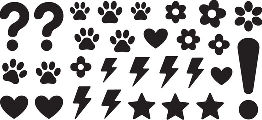 Fototapeta premium Set of assorted graphical elements featuring paw prints hearts lightning bolts stars and flowers isolated on transparent background.
