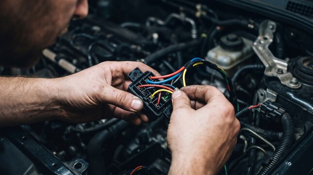 Mechanic repairing car engine wiring with a focus on a wiring harness and electrical connections