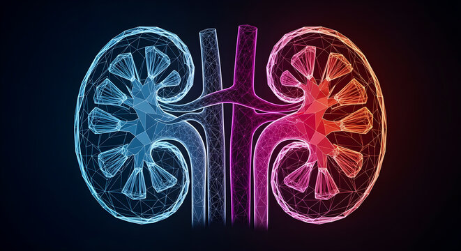 Anatomical human kidney model featuring a complex digital wireframe structure with vibrant glowing blue and red neon lighting effects against a deep dark background for medical science and research pr