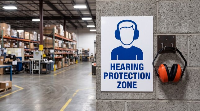 Hearing protection zone sign with earmuffs on a gray brick wall in a warehouse