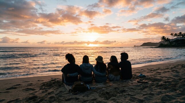 A group of people sit on the beach watching sunset over water