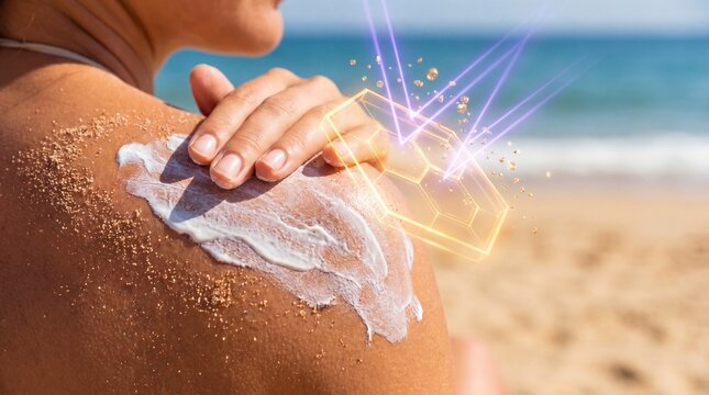 Woman applying sunscreen to her shoulder on a sunny beach with sand and sea in background and glowing geometric shapes