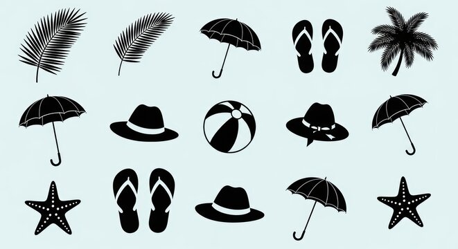 Collection of black summer beach vacation icons and silhouettes.