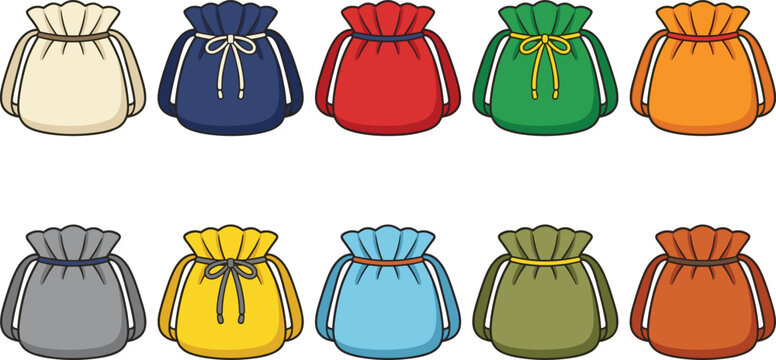 Drawstring bag vector illustration collection, colorful pouch sack set, isolated on white