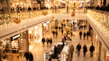 Obraz premium Blurred interior of busy shopping mall during holiday season with warm glowing festive fairy lights and bokeh background of shoppers walking through multi-level retail concourse design