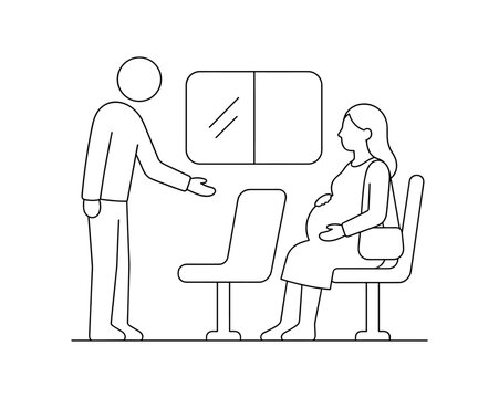 Man offering seat to pregnant woman in waiting area, priority seating, maternity, courtesy, chair, public transport. Line vector illustration.