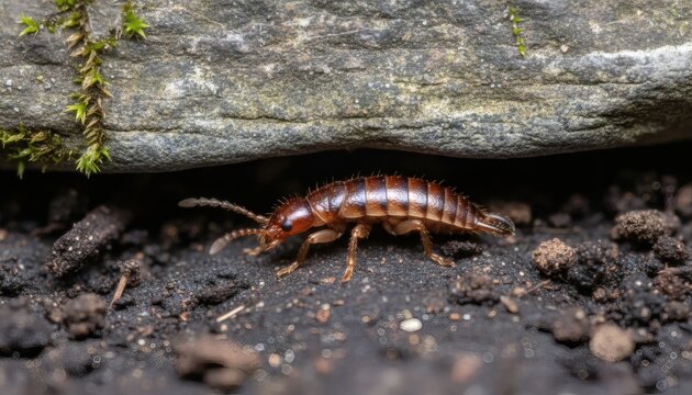 Extreme macro shot of a brown earwig insect crawling under a stone in the forest, representing wildlife habitat and the summer insects biodiversity concept