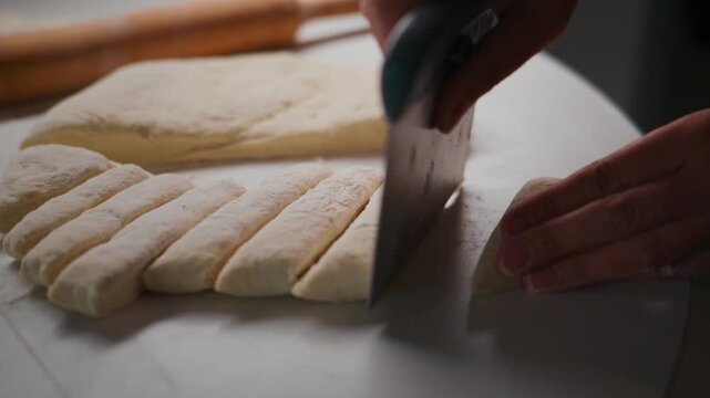 Hands slice dough into thick sticks on white surface. Rolling pin rests nearby, ready for use. Process shows careful, deliberate cutting motion. Scene evokes calm, focused cooking preparation