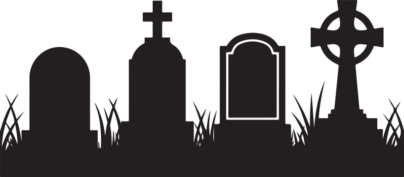 Black silhouette collection of cemetery monuments and crosses for spooky halloween holiday graveyard scene on grassy ground patch.