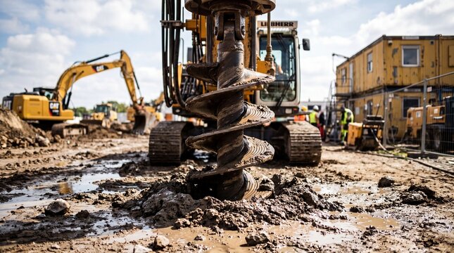 Large auger drill on construction site with excavators and workers in background