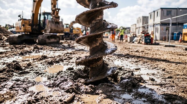 Large metal drill bit on a muddy construction site with excavators and workers in background, under cloudy sky