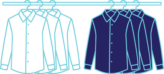 Collared button down shirts hanging on clothes rack with wardrobe clothing collared organized collection shopping business menswear merchandise organization illustration minimalist © manosh
