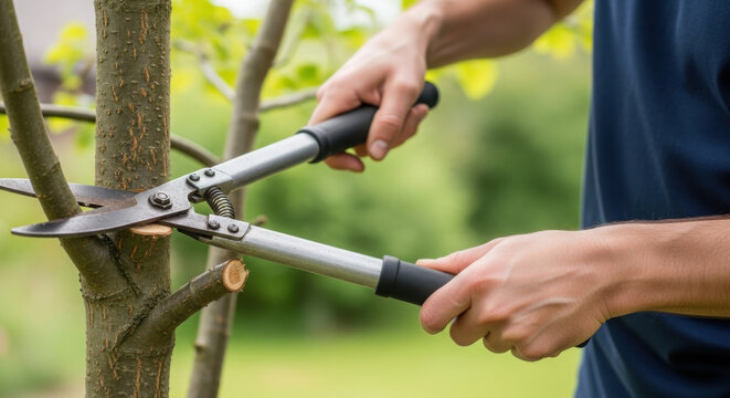 Man using loppers to prune tree branches in garden during daytime  