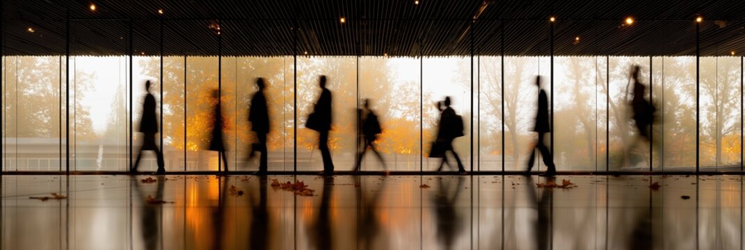 Silhouetted professionals walking through large transit hub, motion blur, warm glow, autumn leaves