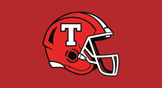 Red Football Helmet Logo With White Letter T On A Field of Crimson Background