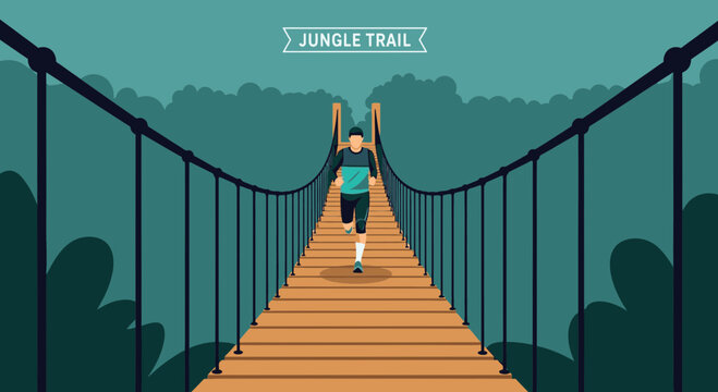 Runner Embarks on Jungle Trail Expedition Across Suspension Bridge Under Verdant Sky