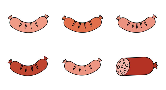 Illustration of sausages and meat cuts in a cartoon style, suitable for labeling, packaging, or culinary-related projects