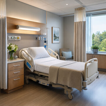 Hospital bed modern hospital room patient care healthcare recovery empty room medical equipment private room clean interior daylight comfort