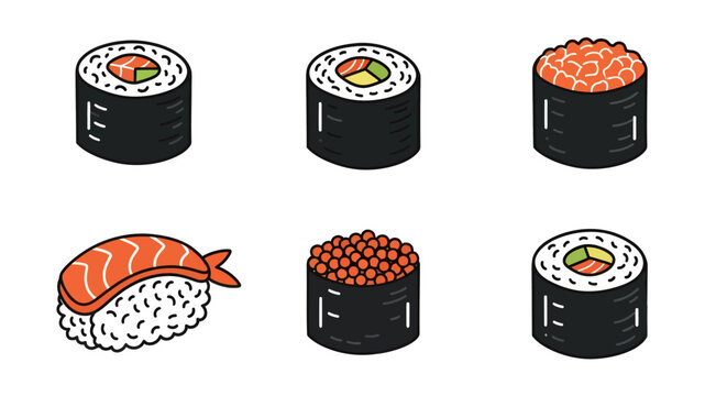 Set of cartoon sushi rolls with fish, avocado, and roe in black nori seaweed for Japanese cuisine and seafood food themes