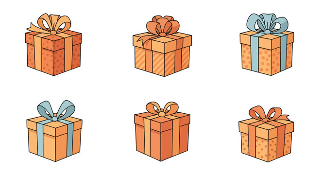Colorful Hand-drawn Gift Boxes with Ribbons and Bows, Festive Holiday and Celebration Packaging Illustration, Ideal for Cards, Invitations, and Winter Events