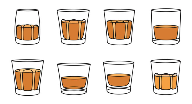 Stylish hand-drawn whiskey glasses with ice cubes and caramel-colored liquid, modern illustration for bar, alcohol, cocktail, beverage, party, celebration, drink, wellness, social, fun, luxury