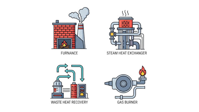 Heat sources for biomass dryers vector icon sheet with furnace steam heat exchanger gas burner