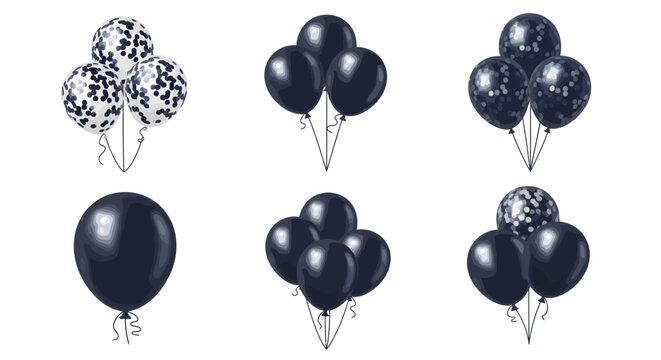 Set of five black and white balloons with various patterns, perfect for celebrations, parties, and festive occasions, high-quality vector illustration for decoration