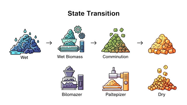 Biomass state transition vector icon sheet from wet material to dry pellets and chips