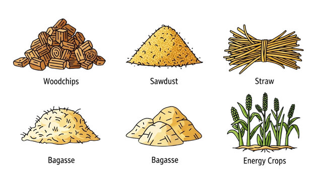 Biomass inputs vector icon set with woodchips sawdust straw bagasse and energy crops
