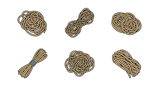 Collection of hand-drawn tangled and tied bunches and balls of brown string or jute twine for craft, decoration, or packaging use, with a simple white background
