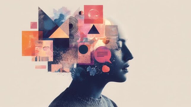 Abstract human profile with geometric shapes and speech bubbles representing thoughts
