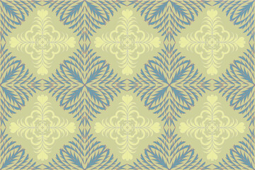 Fototapeta premium Seamless ornamental floral pattern with elegant damask-inspired motifs and stylized leaf elements arranged in a symmetrical layout. The design features soft blue botanical shapes combined with light