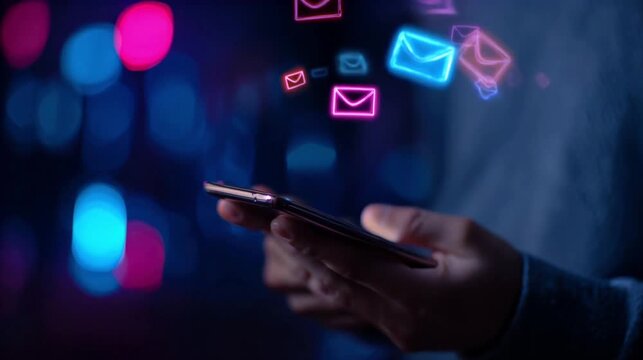 Digital communication concept with glowing envelopes flying out of a smartphone