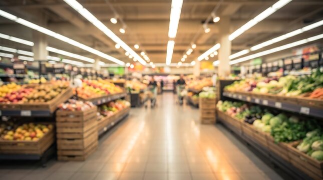 Blurred grocery store aisle with fresh organic produce in wooden crates for retail business marketing and healthy eating lifestyle concepts