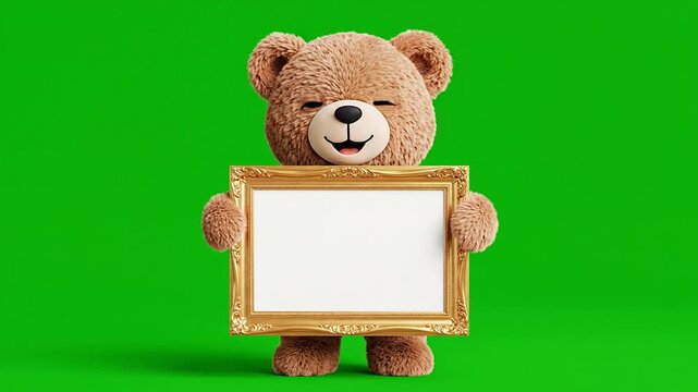 Cute Teddy Bear Holding A Blank Ornate Picture Frame Against A Vibrant Green Background For Customizable Creative Projects