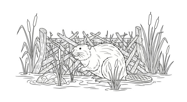 Beaver Building Dam in Wetland Habitat Line Art Illustration