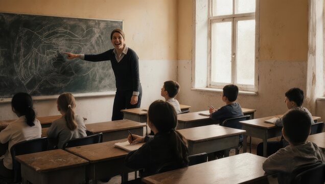 Teacher instructing students in a classroom setting.