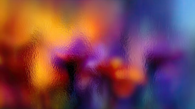 Textured glass obscures a vibrant, blurred abstract of warm oranges, purples, and cool blues